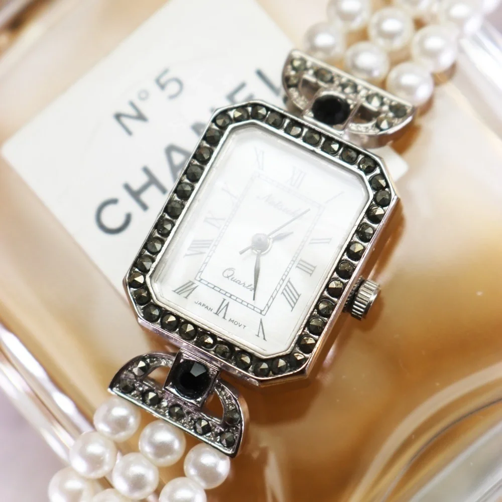 Elegant Vintage Netsuke Pearl & Marcasite Watch